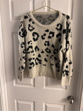 Cream Leopard Print Fuzzy Crewneck Sweater
